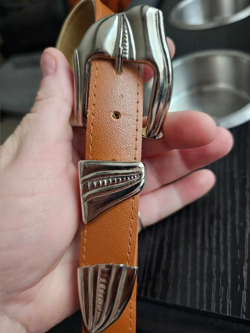 Vintage 90s Tan Leather Look Belt Silver Art Deco Western Buckle
